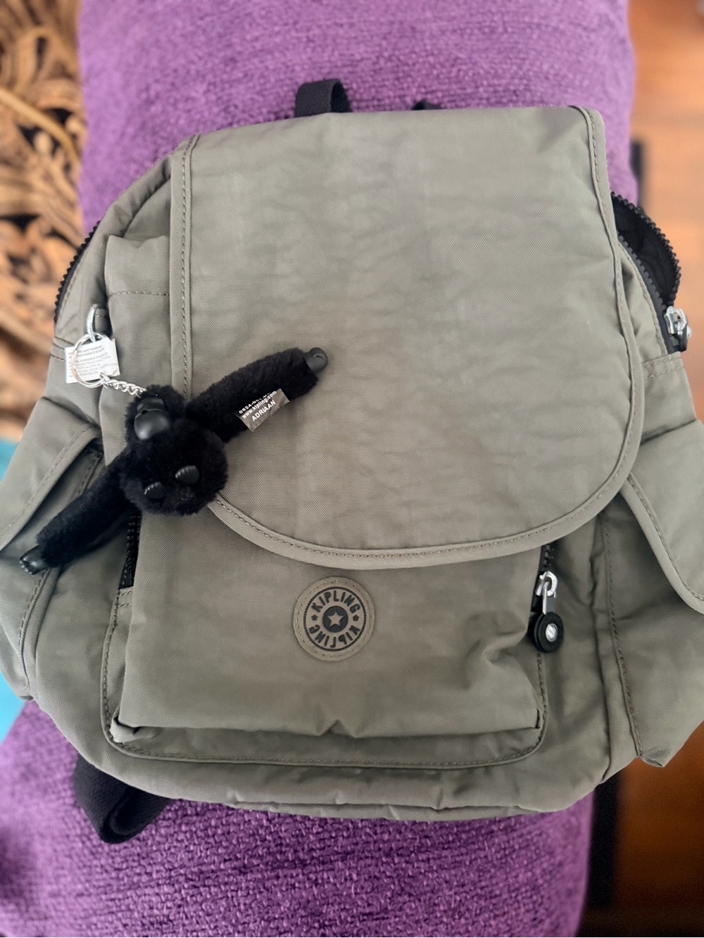 Kipling Olive Nylon Small Backpack with Monkey Charm